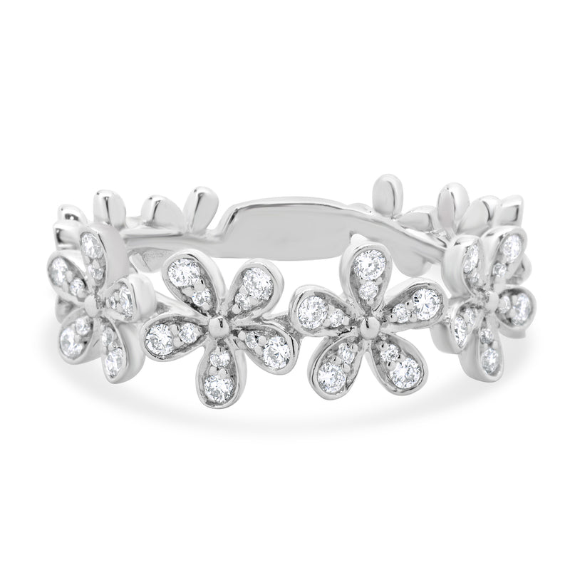 14 Karat White Gold Pave Diamond Flower Station Band