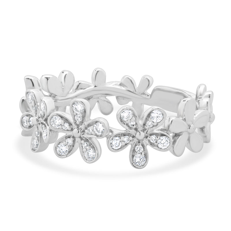 14 Karat White Gold Pave Diamond Flower Station Band