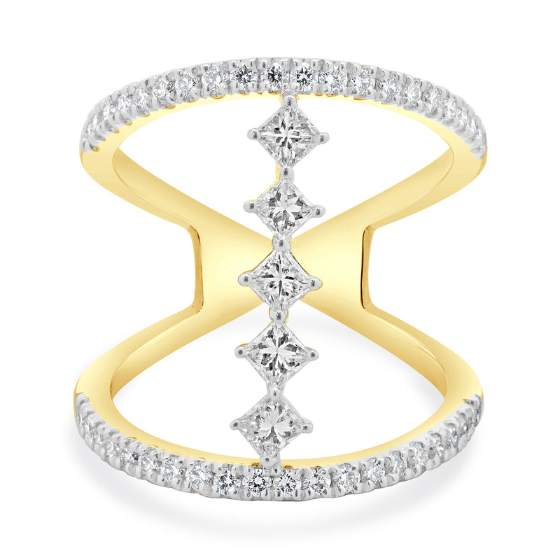 14 Karat Yellow Gold Wide Diamond Bar Link Ring