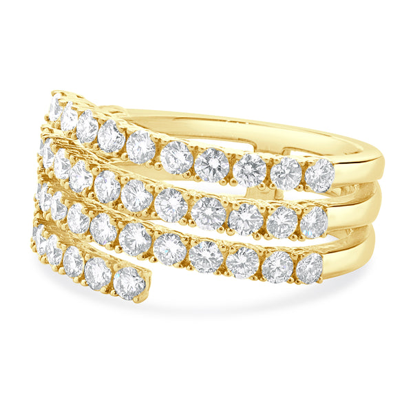 14 Karat Yellow Gold Four Row Diamond Bypass Ring