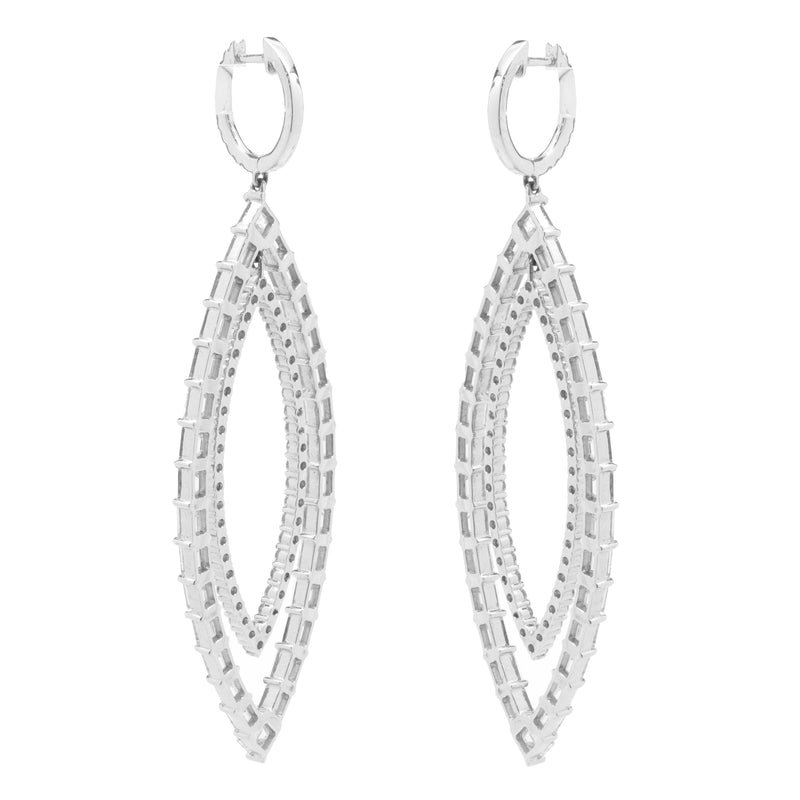 18 Karat White Gold Round and Baguette Cut Diamond Marquise Shape Cut Out Drop Earrings