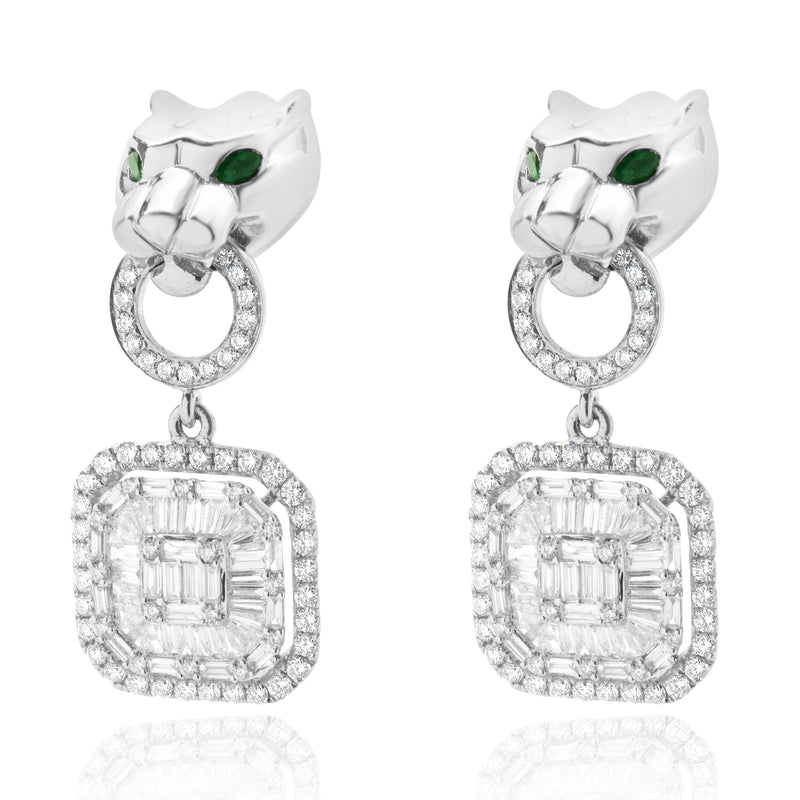 18 Karat White Gold Panther Mosaic Set Diamond Drop Earrings