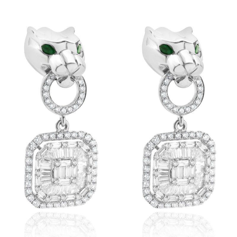 18 Karat White Gold Panther Mosaic Set Diamond Drop Earrings