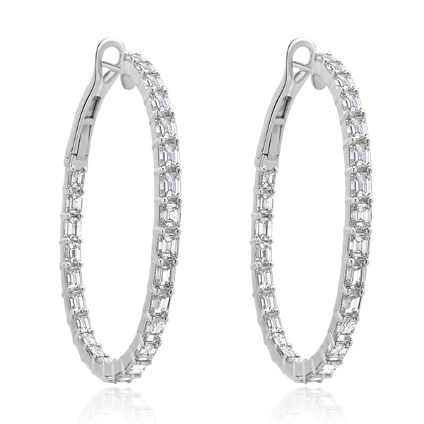 18 Karat White Gold Emerald Cut Diamond Hoop Earrings