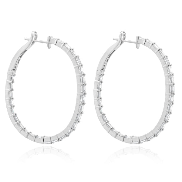 18 Karat White Gold Emerald Cut Diamond Hoop Earrings