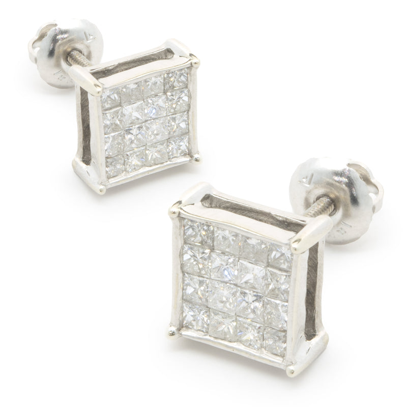 14 Karat White Gold Square Cluster Stud Earrings
