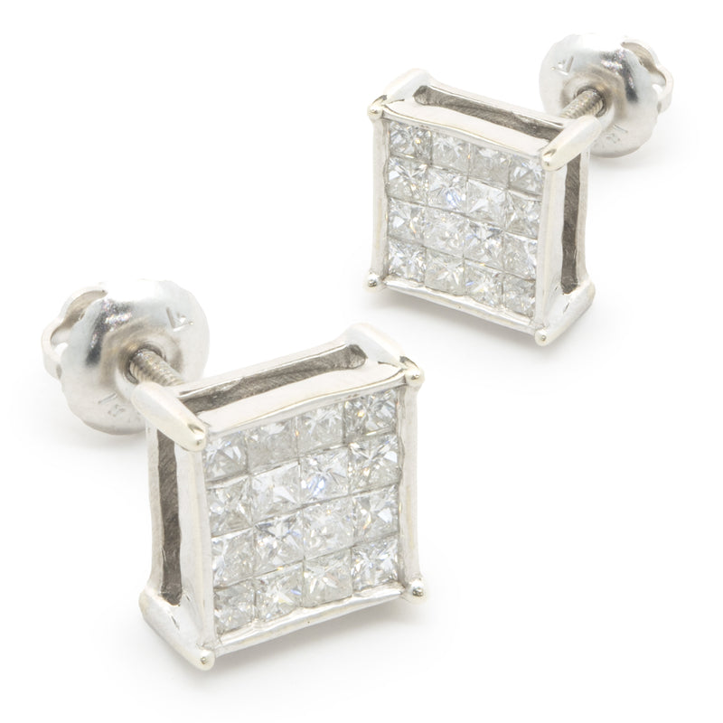 14 Karat White Gold Square Cluster Stud Earrings