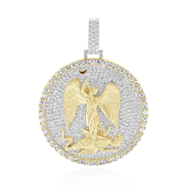 14 Karat Yellow Gold Pave Diamond Saint Michael the Archangel Slaying the Dragon Pendant