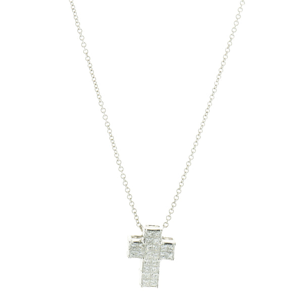 18 Karat White Gold Invisible Set Diamond Cross Necklace