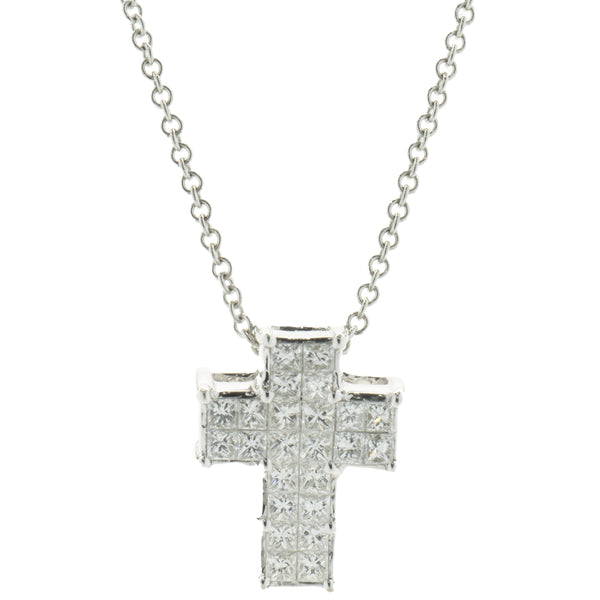 18 Karat White Gold Invisible Set Diamond Cross Necklace