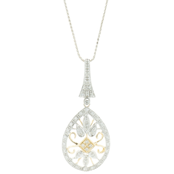 14 Karat Yellow & White Gold Diamond Filigree Necklace