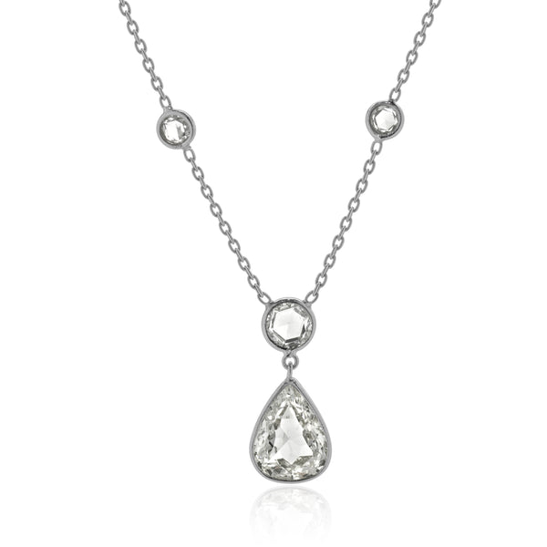 Platinum Pear and Rose Cut Diamond Drop Necklace