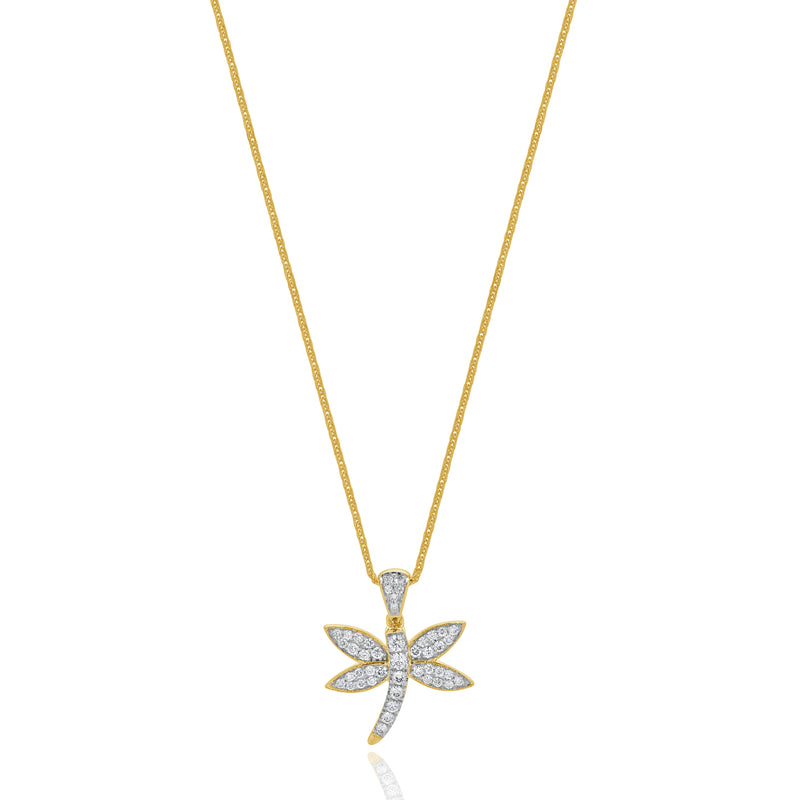 14 Karat Yellow Gold Pave Diamond Dragonfly Necklace