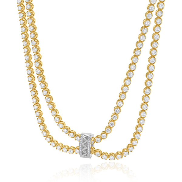 14k Yellow Gold Double Row Diamond Tennis Necklace With White Gold Diamond Pendant