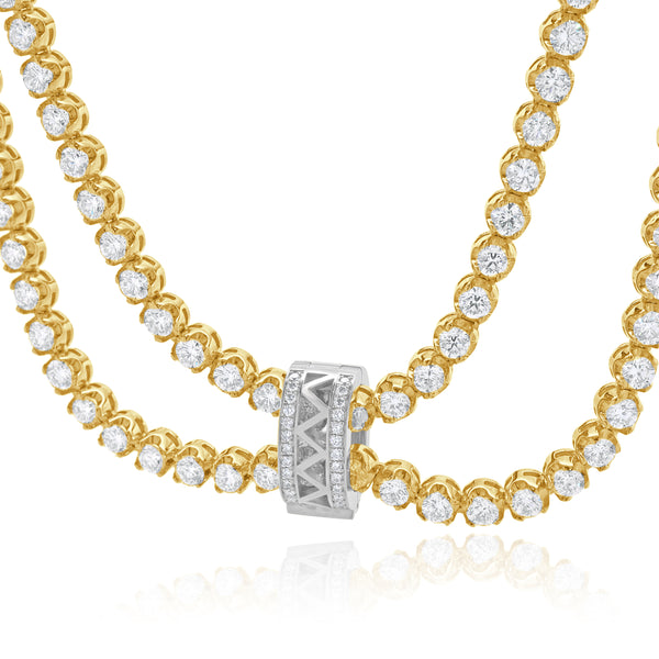 14k Yellow Gold Double Row Diamond Tennis Necklace With White Gold Diamond Pendant