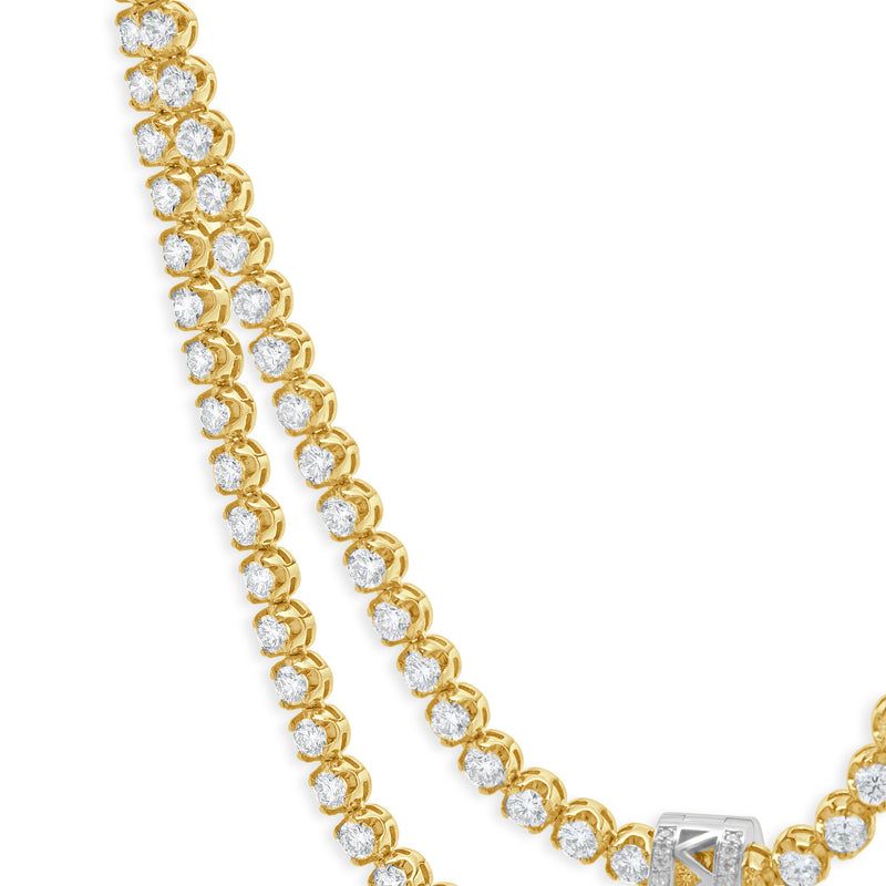 14k Yellow Gold Double Row Diamond Tennis Necklace With White Gold Diamond Pendant