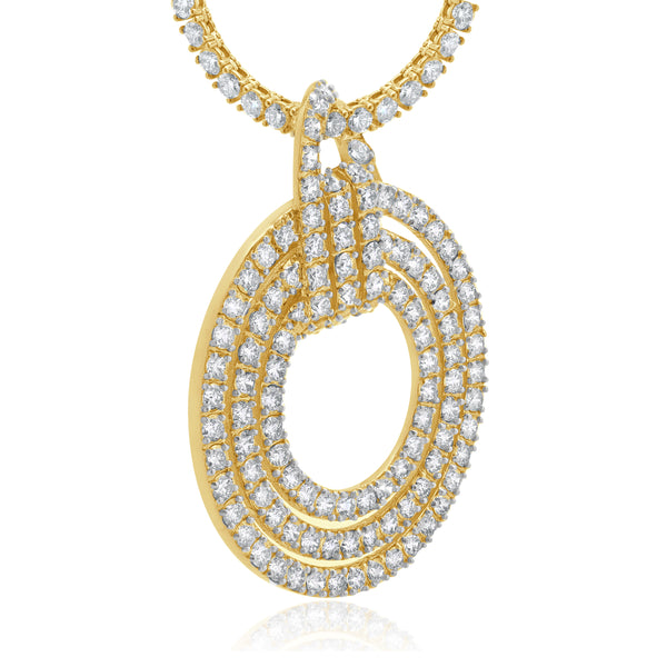 14k Yellow Gold Double Row Diamond Tennis Necklace With Circle Diamond Pendant