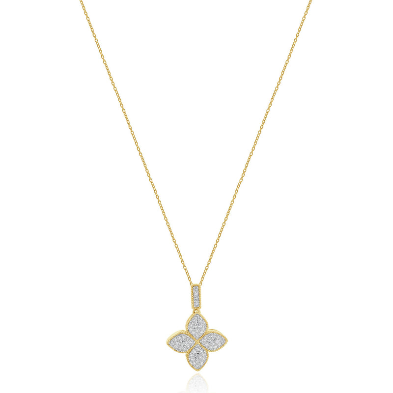 14 Karat Yellow Gold Pave Diamond Quatrefoil Necklace