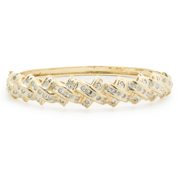 14 Karat Yellow Gold Channel Set Diamond X Bangle Bracelet