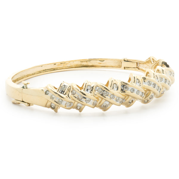 14 Karat Yellow Gold Channel Set Diamond X Bangle Bracelet