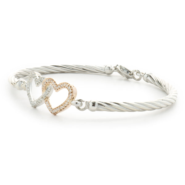 Sterling Silver & 14 Karat White & Rose Gold Double Diamond Heart Bangle Bracelet