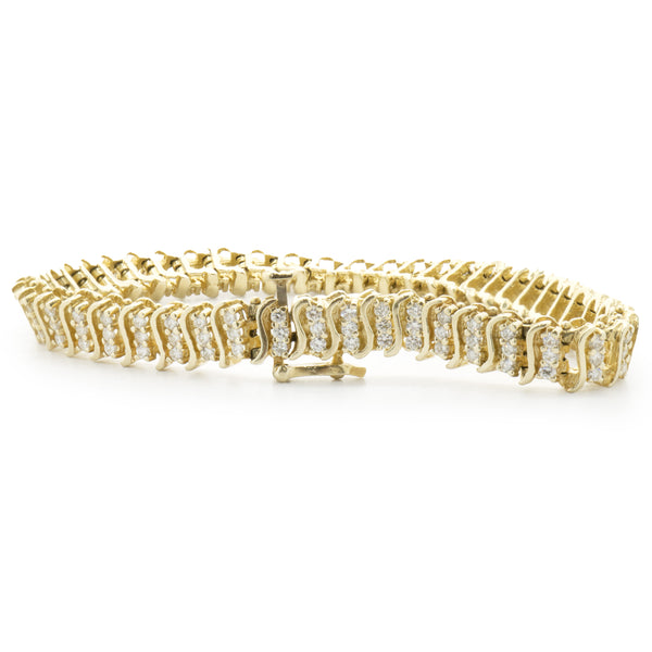 14 Karat Yellow Gold Triple Row Diamond S Link Tennis Bracelet