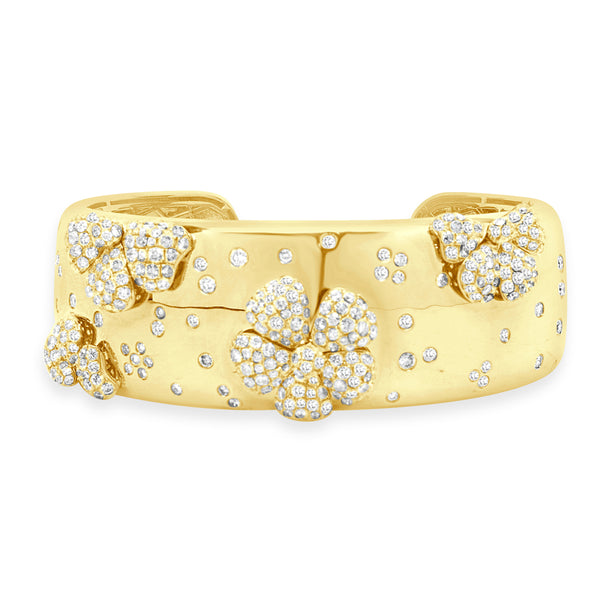 18 Karat Yellow Gold Pave Diamond Flower Station Cuff Bracelet