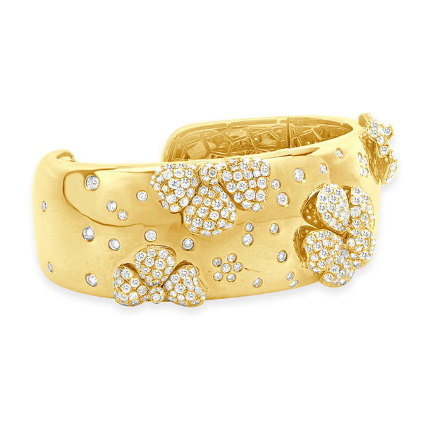 18 Karat Yellow Gold Pave Diamond Flower Station Cuff Bracelet