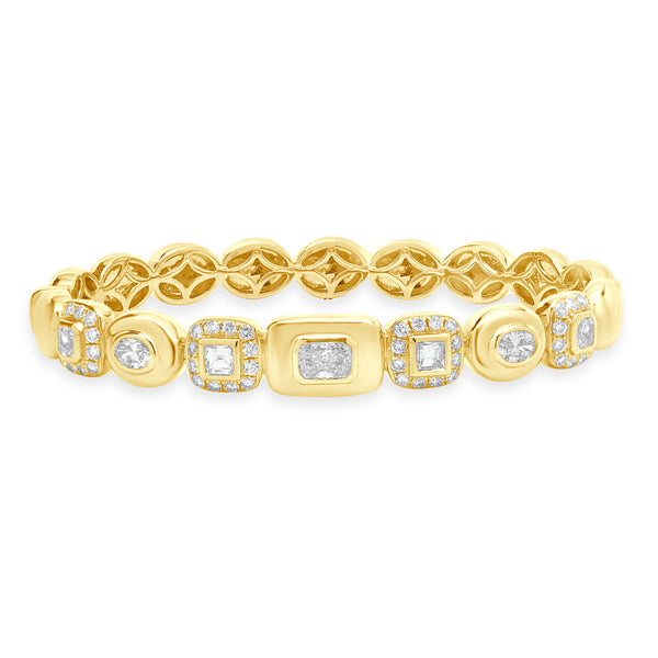 18 Karat Yellow Gold Pave Diamond Multi Shape Diamond Bangle Bracelet