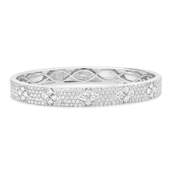 18 Karat White Gold Pave Diamond Bangle Bracelet with Floral Cut Out Stations