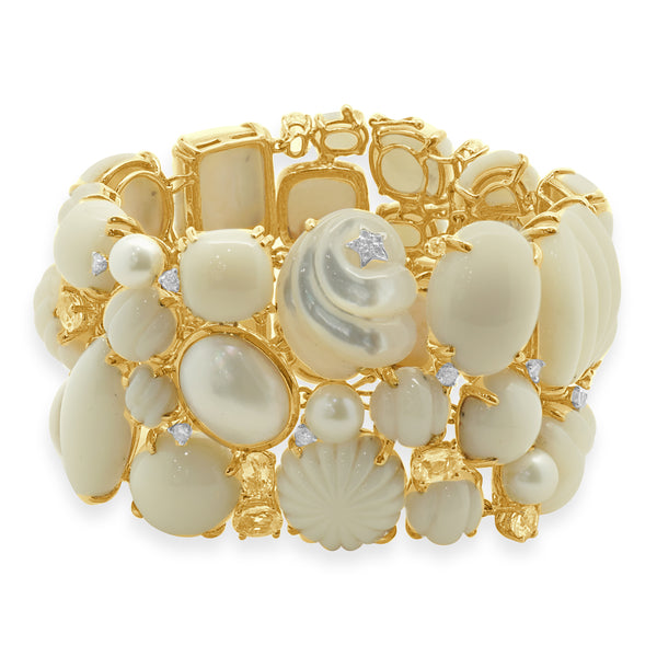 Seaman Schepps 18 Karat Yellow Gold Carved Coral, Mother of Pearl, Diamond, and Morganite Wide Bracelet