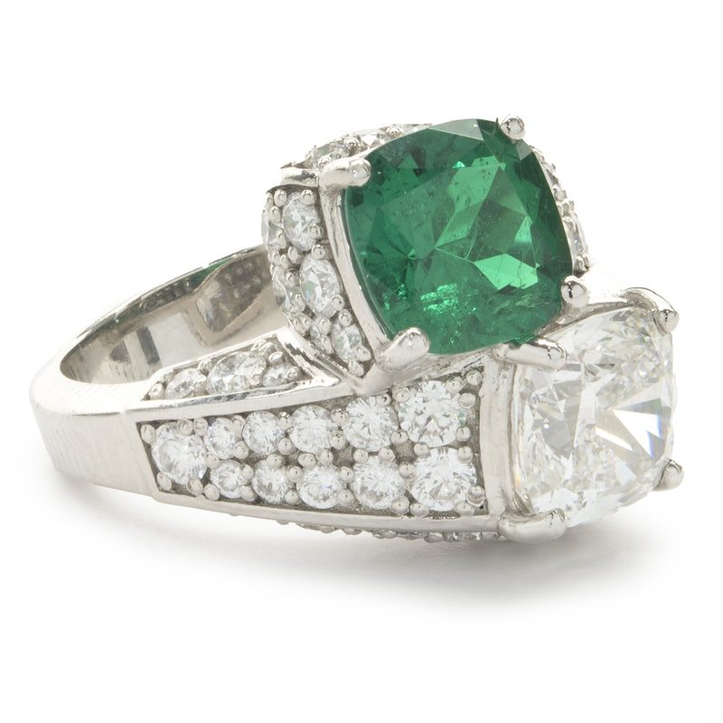 Platinum Emerald and Diamond Pave Bypass Ring