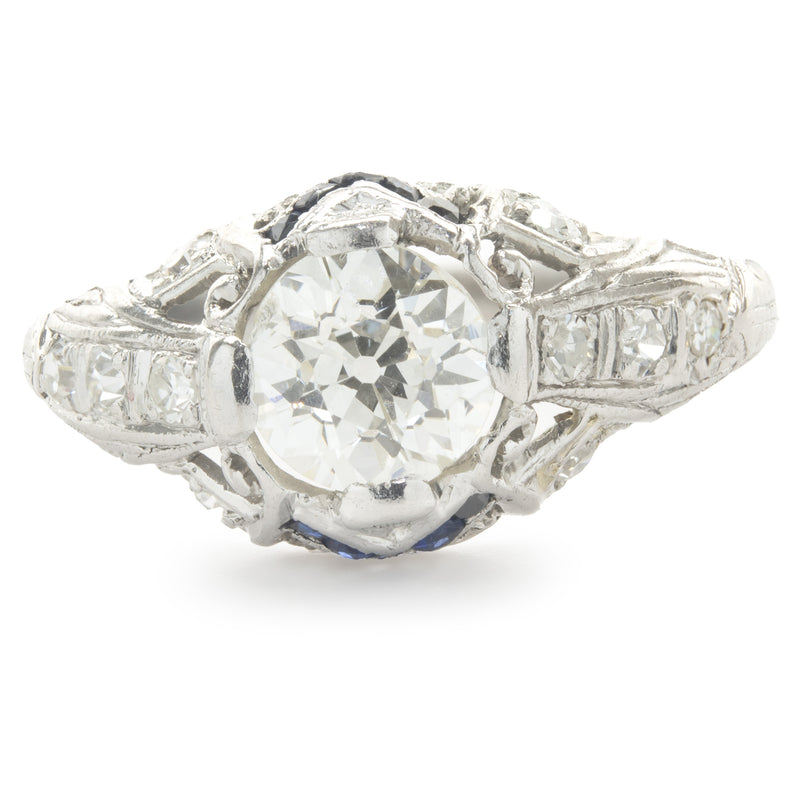 Platinum Vintage Art Deco Diamond and Sapphire Ring