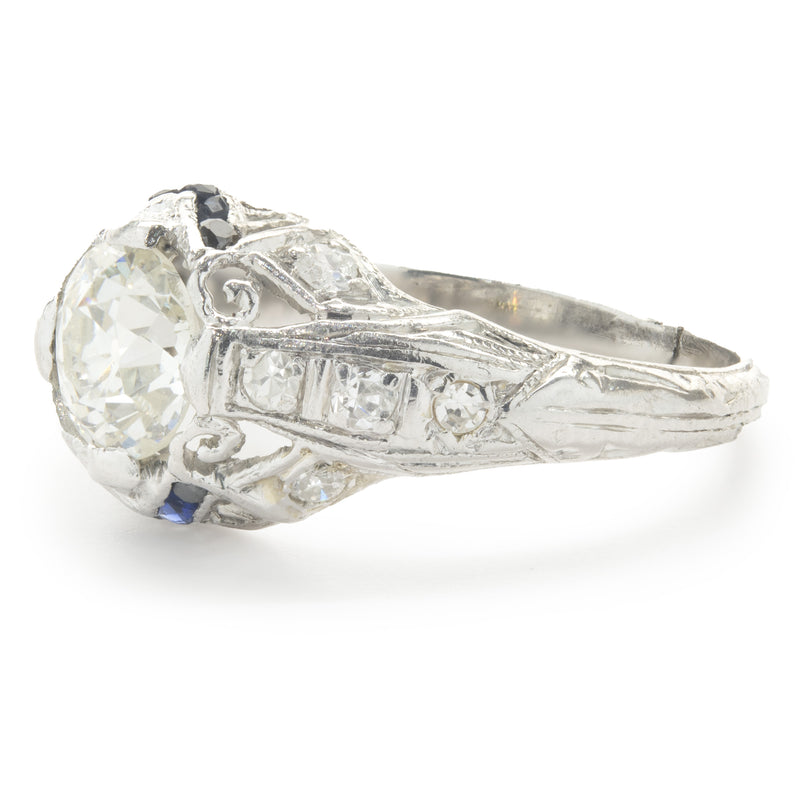 Platinum Vintage Art Deco Diamond and Sapphire Ring