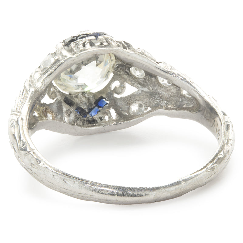 Platinum Vintage Art Deco Diamond and Sapphire Ring