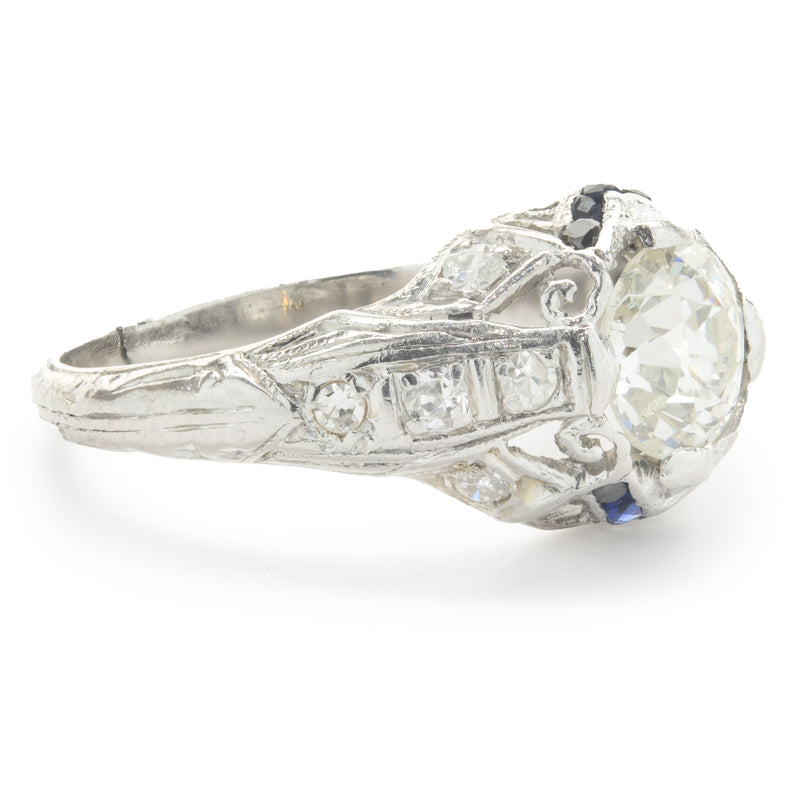 Platinum Vintage Art Deco Diamond and Sapphire Ring