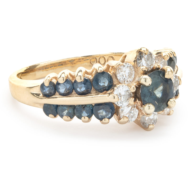 14 Karat Yellow Gold Sapphire and Diamond Flower Ring