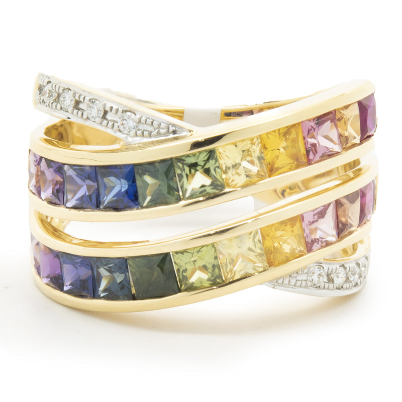 18 Karat Yellow Gold Rainbow Sapphire and Diamond Bypass Ring