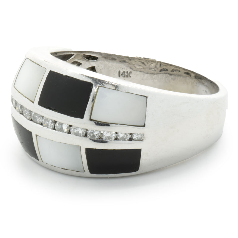 14 Karat White Gold Black Onyx, Mother of Pearl, and Diamond Inlay Ring