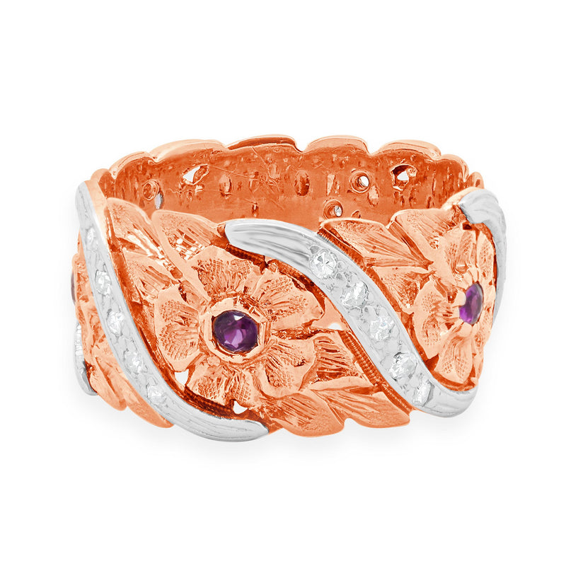 Platinum & 14 Karat Rose Gold Ruby and Diamond Flower Band