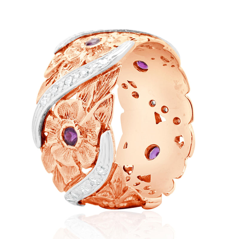 Platinum & 14 Karat Rose Gold Ruby and Diamond Flower Band