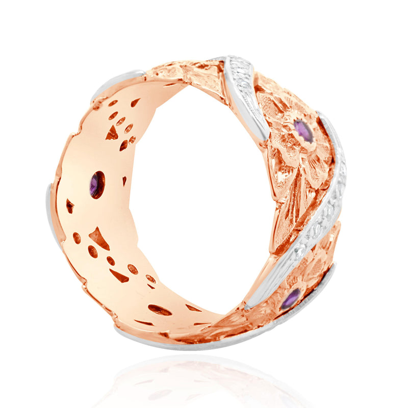 Platinum & 14 Karat Rose Gold Ruby and Diamond Flower Band