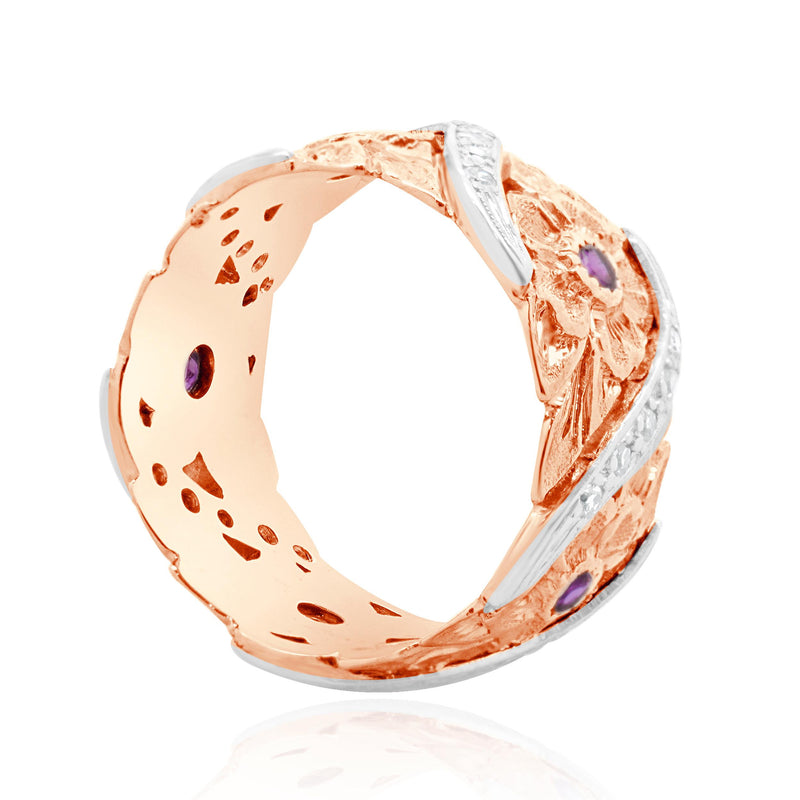 Platinum & 14 Karat Rose Gold Ruby and Diamond Flower Band