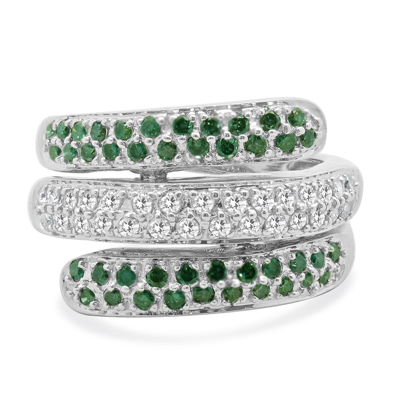 10 Karat White Gold Pave Green & White Diamond Three Row Bypass Ring