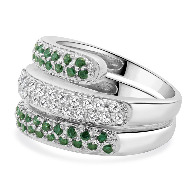 10 Karat White Gold Pave Green & White Diamond Three Row Bypass Ring