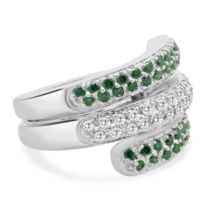 10 Karat White Gold Pave Green & White Diamond Three Row Bypass Ring