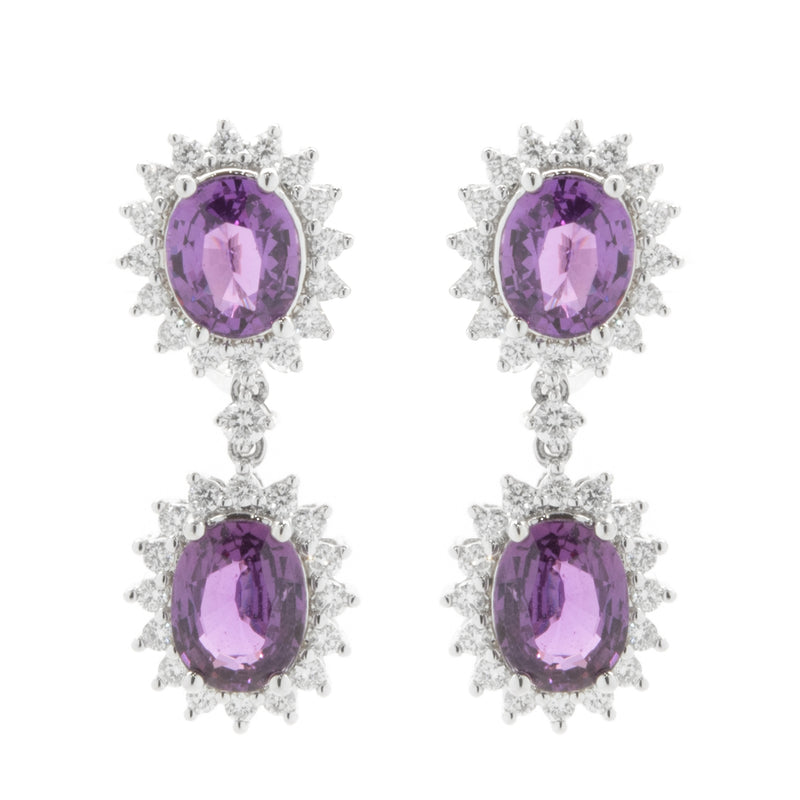 18 Karat White Gold No Heat Purple Sapphire and Diamond Halo Drop Earrings