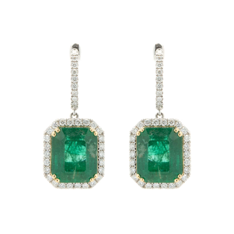 18 Karat White & Yellow Gold Emerald and Diamond Drop Earrings