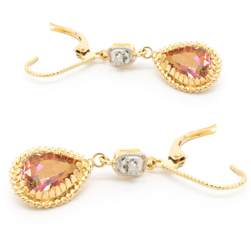 14 Karat Yellow Gold Pink Mystic Topaz and Diamond Drop Earrings