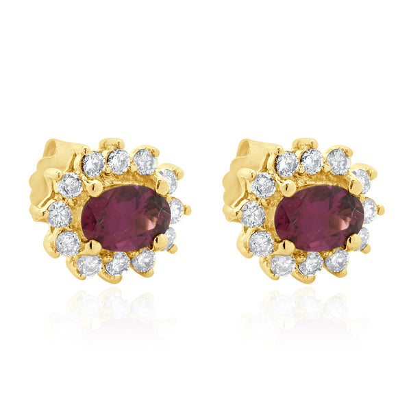 14 Karat Yellow Gold Rubellite Tourmaline and Diamond Stud Earrings